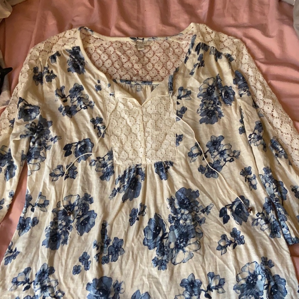 White with blue flowers